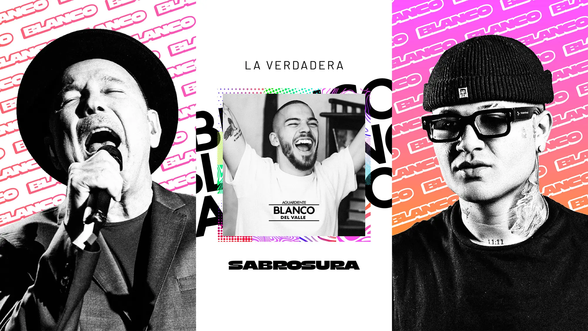 LA VERDADERA SABROSURA: campaign spread with artist portraits and repeated wordmark pattern