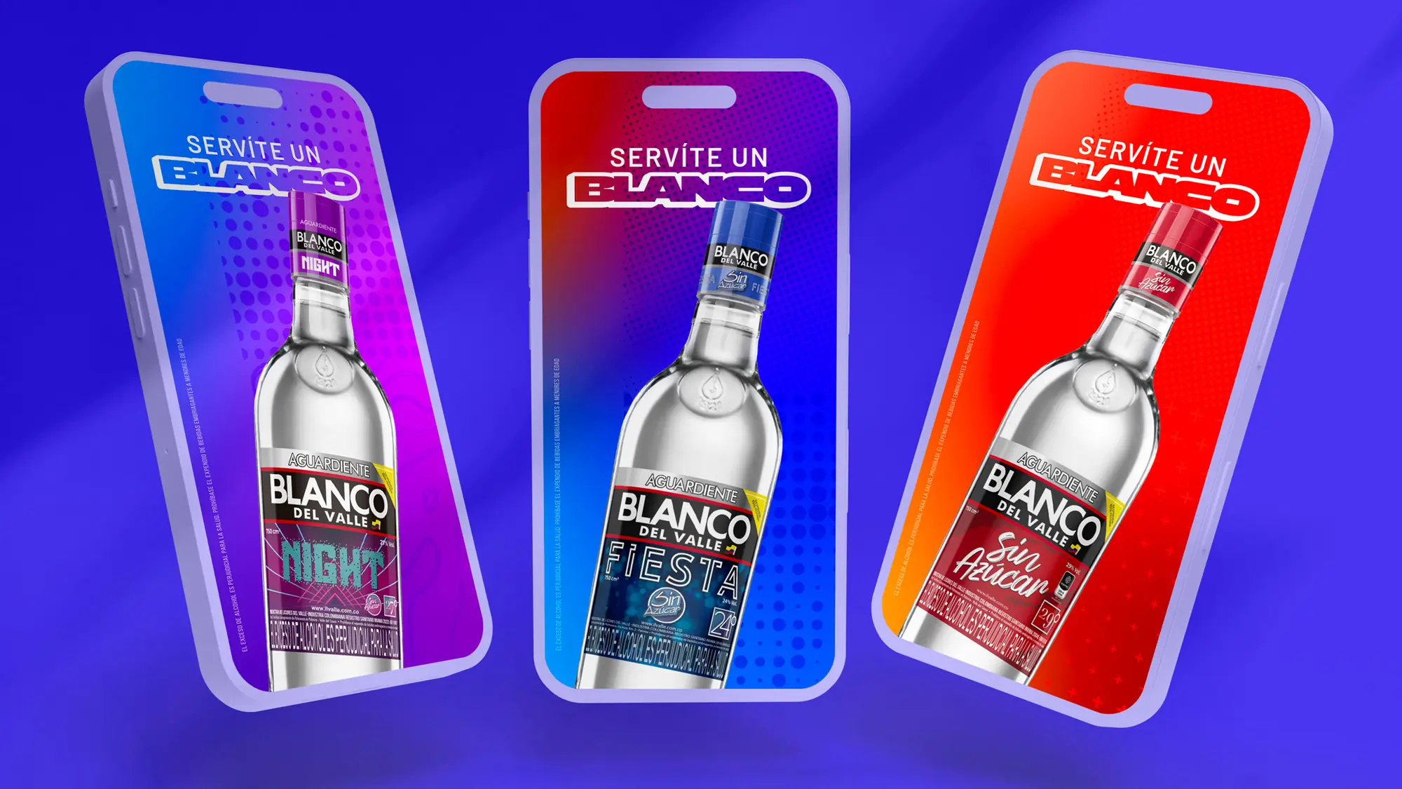 Product photography for the three variants, Fiesta, Sin Azúcar and Night, on a bold typographic background