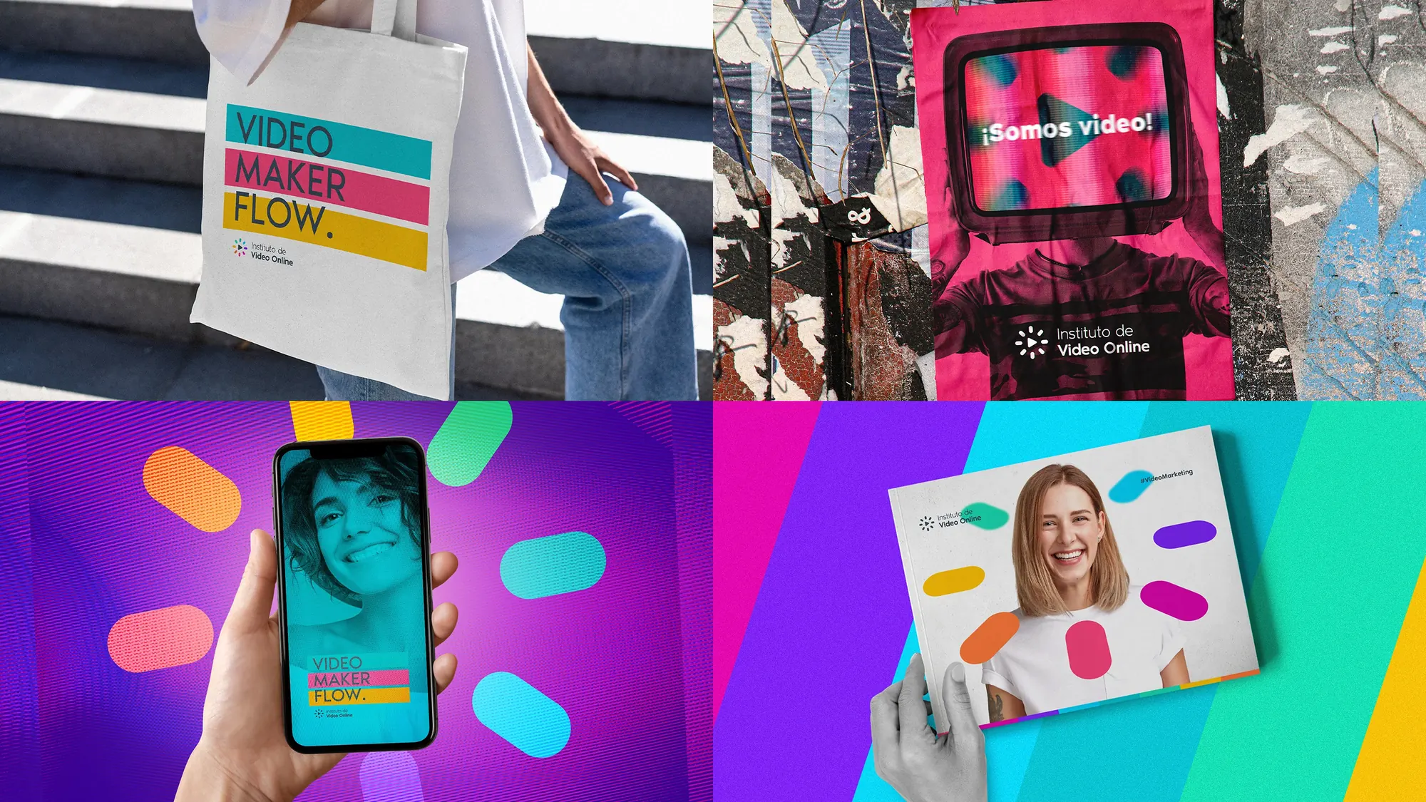 Instituto de Video Online brand identity: tote bag, street poster and social mockups