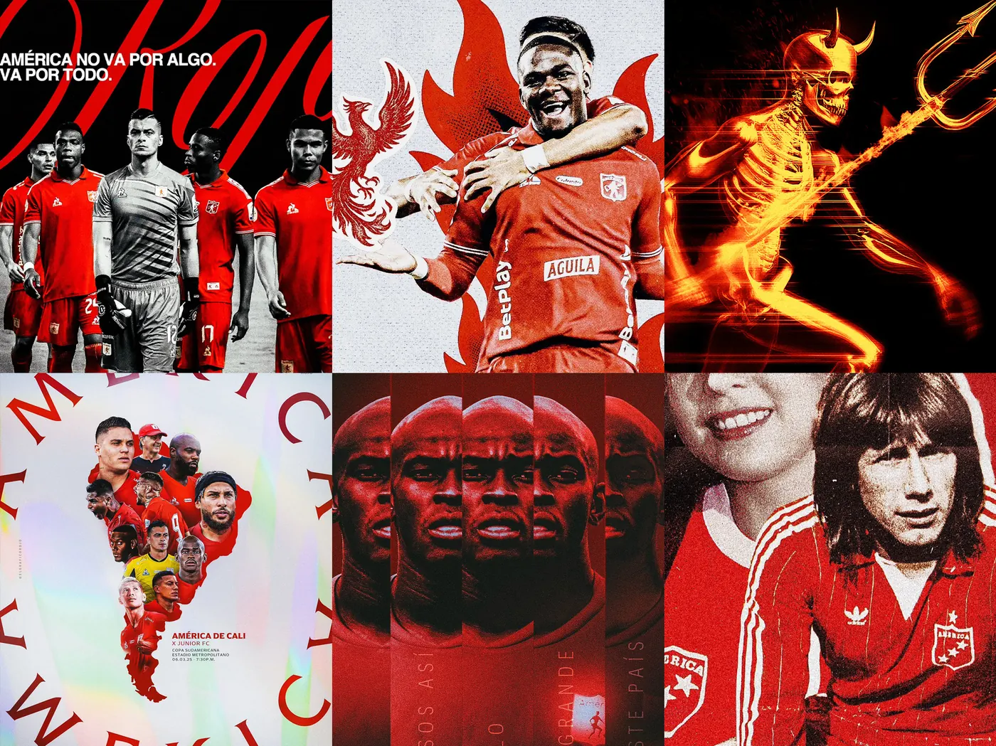 Six América de Cali matchday posters in different techniques by El Gráfico Rojo