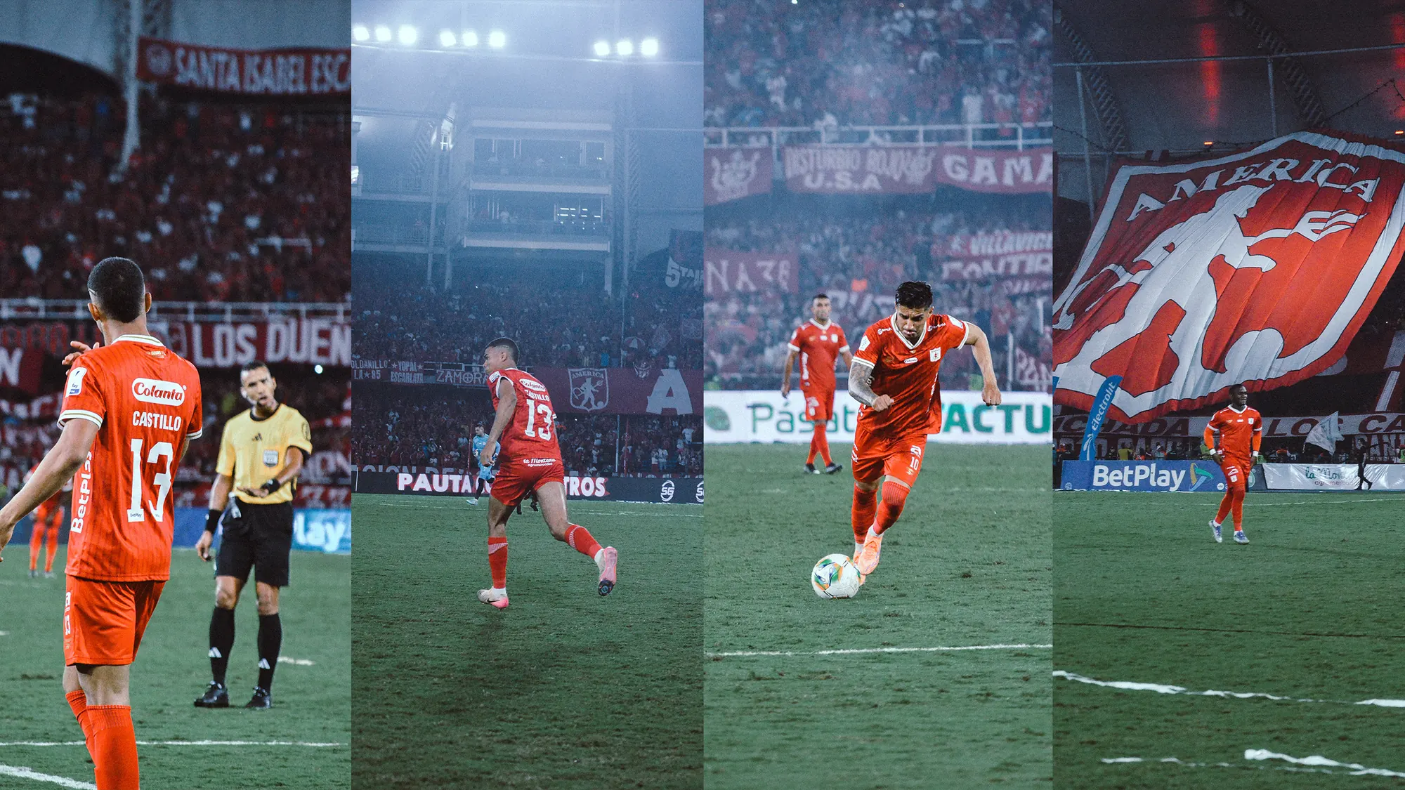 América de Cali night match: players, the referee, and the crowd's flags at the Pascual Guerrero stadium